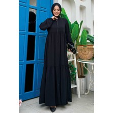 Bym Fashion Fermuarlı Kol Manşetleri Lastikli Fırfırlı Elbise 6001 Siyah