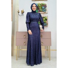 Bym Fashion Kemer Aksesuarlı Pul Payet Balık Abiye Elbise 3858 Lacivert