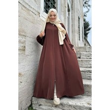 Bym Fashion Oval Büzgülü Kol Manşetleri Lastikli Fermuarlı Tam Boy Ferace 6005 Kahverengi