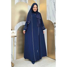 Bym Fashion Çizgi Detaylı Boydan Fermuarlı Tam Boy Ferace 6011 Lacivert