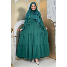 Bym Fashion Kol Lastikli Kat Görünümlü Abayalı Elbise Takım 3859 Zümrüt