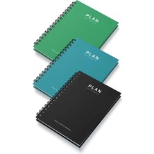 Deep Notebook 3'lü Set Süresiz Planlayıcı Ajanda A5 Spiralli Siyah Turkuaz Yeşil Renk Tasarım