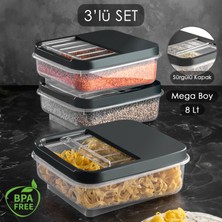 Meleni Home 3'lü 8lt Kayar Kapaklı Erzak Bakliyat Saklama Kabı Mutfak Düzenleyici Çay Un Saklama Kutusu Antrasit