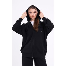 Mmetalic Siyah Kanguru Cepli Kapüşonlu Fermuarlı Oversize Kadın Sweatshirt