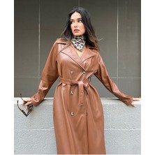 Minaaise Kadın Deri Trençkot 26069 Kahve Renk Kruvaze Kapama L Beden Şıklığı