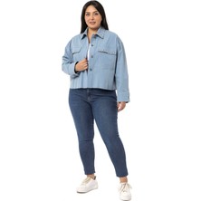 Disentis Modest Büyük Beden Kapaklı Cepli Eteği Pis Dikişli Metal Aksesuarlı Mavi Ceket