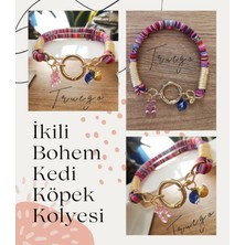 Ikili Kedi Köpek Boyun Tasması Bohem Kedi Kolyesi Yaylı Kilit - Pembe