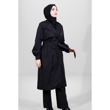 Beyza 3857 Siyah  Tesettür Düğmeli Trençkot