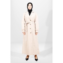 Beyza 3839 Düğmeli Bej Tesettür Uzun Trençkot