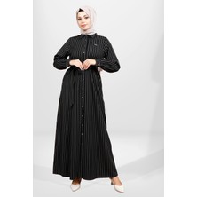 Beyza 5559 Siyah Çizgili Tesettür Kışlık Elbise