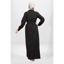 Beyza 5559 Siyah Çizgili Tesettür Kışlık Elbise