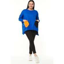 Ebsumu Kadın Büyük Beden Renkli Cepli Ekstra Rahat Kalıp Mavi Sweatshirt
