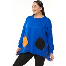 Ebsumu Kadın Büyük Beden Renkli Cepli Ekstra Rahat Kalıp Mavi Sweatshirt