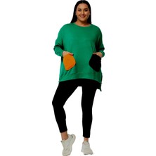 Ebsumu Kadın Büyük Beden Renkli Cepli Ekstra Rahat Kalıp Yeşil Sweatshirt