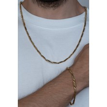 Gold Sarı Renk Kare Küp Unisex Çelik Kolye ve Bileklik Seti eck05s