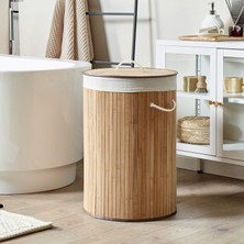 Meleni Home Naturel Yuvarlak Kirli Çamaşır Sepeti - Bambu Katlanabilir Çamaşır Sepeti Sele 35X50 cm 60 Lt Bej