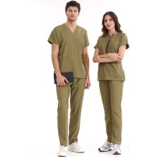 Çizgi Medikal Haki Likralı Üniforma Takımlar Yüksek Kaliteli Likralı Scrubs