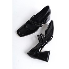 Modabuymus Culia Siyah Rugan Mary Jane Çift Bant Küt Burun Topuklu Ayakkabı