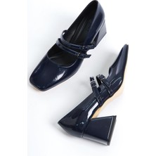 Modabuymus Culia Lacivert Rugan Mary Jane Çift Bant Küt Burun Topuklu Ayakkabı