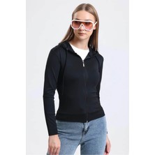 Tena Moda Kadın Siyah Kapüşonlu Fermuarlı Scuba Kumaş Sweatshirt