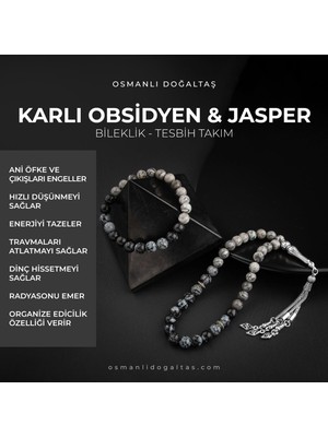 Osmanlı Doğal Taş Gri Jasper-Karlı Obsidyen Doğal Taş Tesbih Bileklik Seti