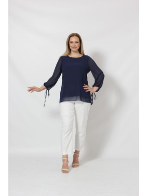 Moda Berray 3243-1 Lacivert Kol Ucu Bağlama Detaylı Bluz