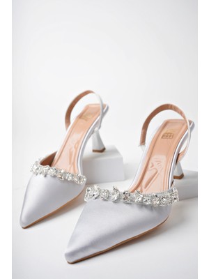 Bulutmod Gümüş Kadın Yaprak Taşlı  Lastikli Yumuşak Taban Topuklu Ayakkabı - Gümüş - 38