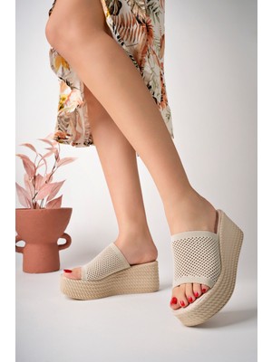 Bulutmod Ten Kadın Delikli Triko Günlük Hasır Dolgu Topuklu Terlik - Ten - 36