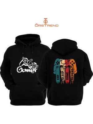 Ors Trend Gamer Baskılı 3 Iplik Unisex Siyah Kapişonlu Sweatshirt