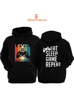 Ors Trend Gamer Baskılı 3 Iplik Unisex Siyah Kapişonlu Sweatshirt