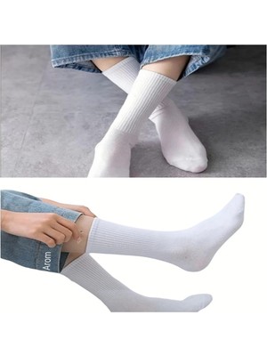 Arom Düz Beyaz Unisex Uzun Pamuklu Tenis Çorap 6 Çift