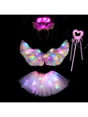 4 Adet Set 2 2-8 Yaş Çocuklar Için Melek Cosplay Işık Tutu Etek Hairband Glow Tüy Kanat Doğum Günü LED Parti Kostüm Top Etek Cadılar Bayramı Noel Paskalya (Yurt Dışından)