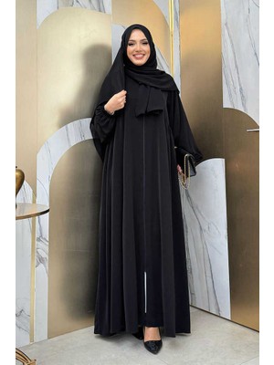 Bym Fashion Oval Büzgülü Kol Manşetleri Lastikli Fermuarlı Tam Boy Ferace 6005 Siyah