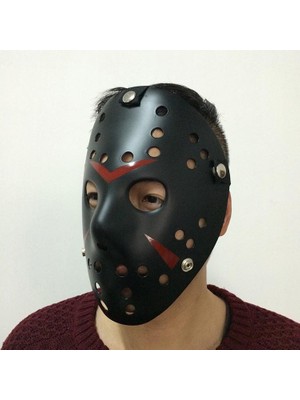 Durgunstore Siyah Renk Kırmızı Çizgili Tam Yüz Hokey Jason Maskesi Hannibal Maskesi