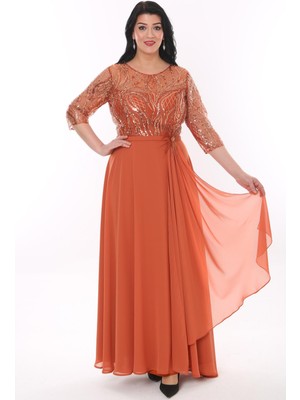 Ladies First Büyük Beden 3855 Kiremit Uzun Abiye Elbise