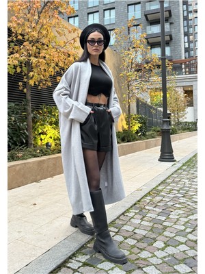 Minaaise Gri Pis Dikiş Detaylı Uzun Oversize Yumoş Triko Hırka 26257