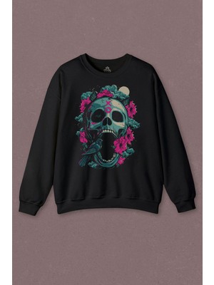 So Cool Unisex Sweatshirt Sugar Skull Skeleton Rose Kuru Kafa Gül Baskılı Sweatshirt