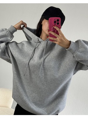 Minaaise Gri Şardonlu Kapşonlu Oversize Basic Sweatshirt 26259