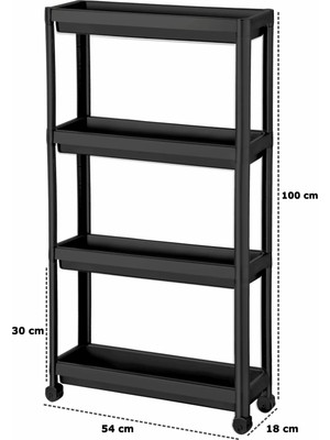 Tıklasende Tekerlekli Dikdörtgen 4 Katlı Raf Ünitesi Siyah Banyo Mutfak Düzenleyici Organizer Raf