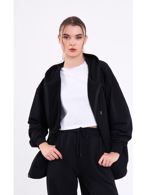 Comeor Siyah Kanguru Cepli Kapüşonlu Fermuarlı Oversize Kadın Sweatshirt