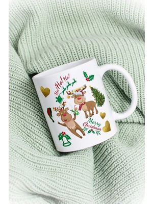 Caisya Yılbaşı Geyikli Kurabiye Baskılı Kupa Bardak Porselen Çay Kahve Fincanı