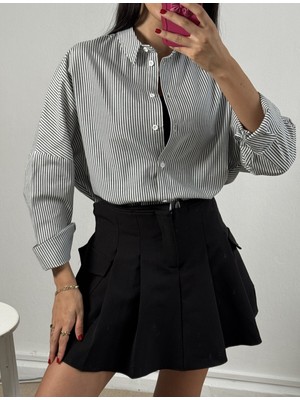 Minaaise Siyah Çizgili Oversize Gömlek 27001