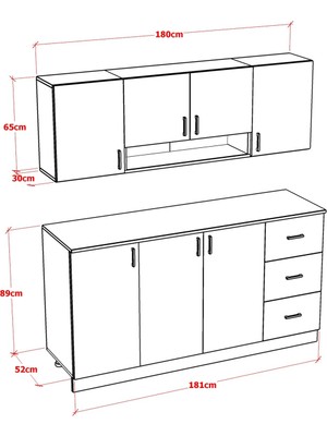 Mobideko Lart Mutfak Dolabı Alt Üst Modül Çekmeceli 180 cm (Tezgah Dahil)