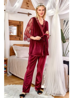 Cossy By Aqua 24161 Kadife 3'lü Bordo Hamile Pijama Takım