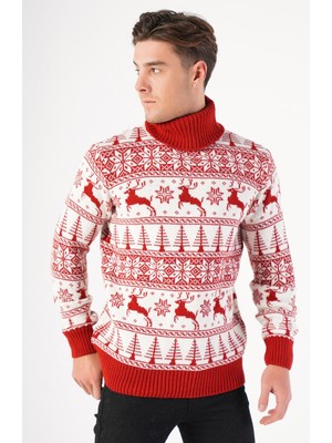 Trist Star Erkek Balıkçı Yaka Geyik Desenli Yılbaşı Triko Kazak