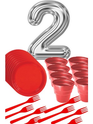 Parti Baskı 8 Tabak 8 Bardak 8 Çatal ( Kırmızı ) Rakam Folyo Balon 2 Yaş ( Gümüş Gri )