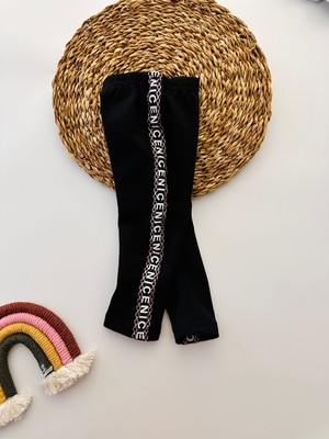 Miniğimin Cicileri Kız Çocuk Nice Simli Şeritli Esnek Pamuklu kalım tayt - Siyah