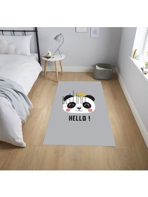 Bellino Yıkanabilir Kaymaz Taban Bambu Pamuk Dokuma Halı Hello Panda Desenli Çocuk Halısı