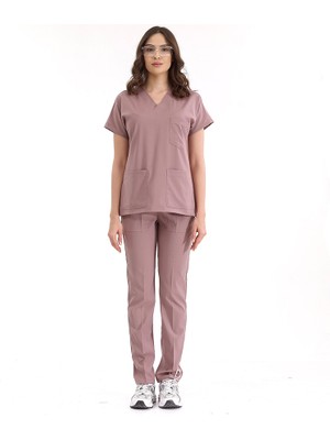 Çizgi Medikal Gül Kurusu Likralı Üniforma Takımlar Yüksek Kaliteli Likralı Scrubs