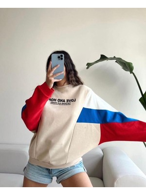 Hebb Club Kadın Love And Hope Yazılı Baskılı Renkli Oversize Sweatshirt